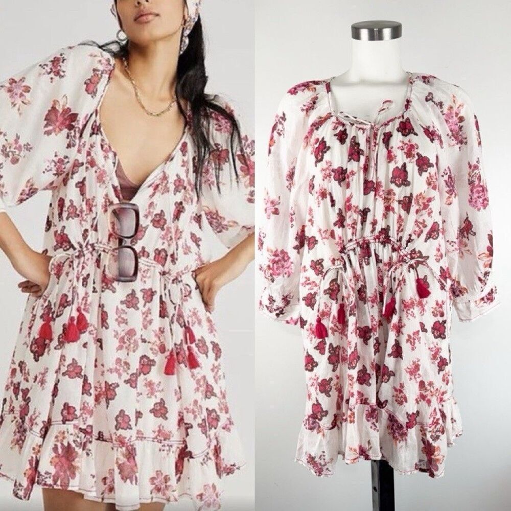 FREE PEOPLE CAMELLA MINI DRESS OB1666374 TIE-NECK FLORAL IVORY COMBO SIZE XS